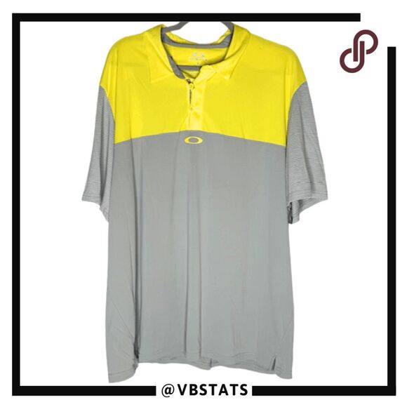 Oakley Mens Colorblock Striped Short Sleeve Golf Polo Shirt Gray Yellow Size 2XL - Picture 1 of 7